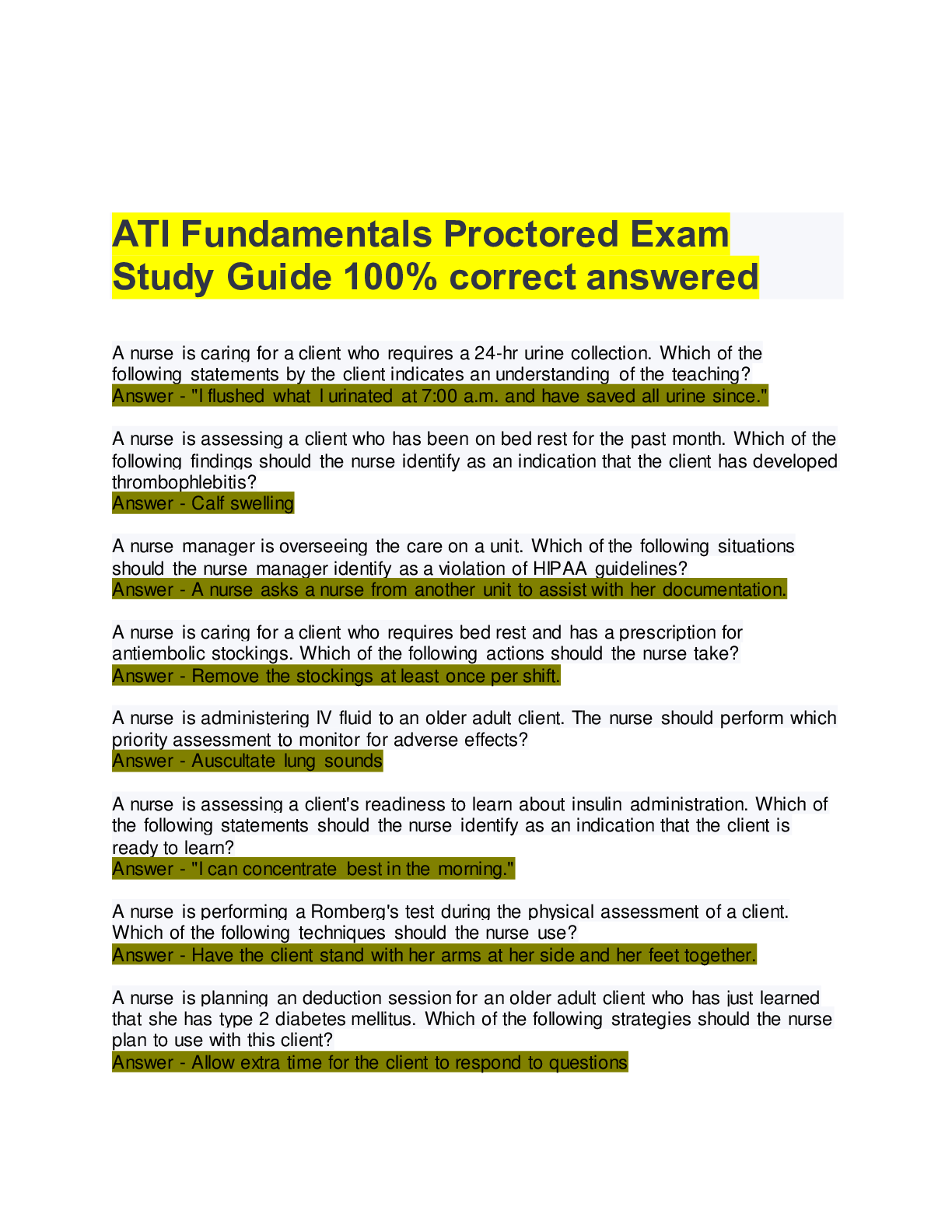 ATI Fundamentals Proctored Exam Study Guide 100 correct answered